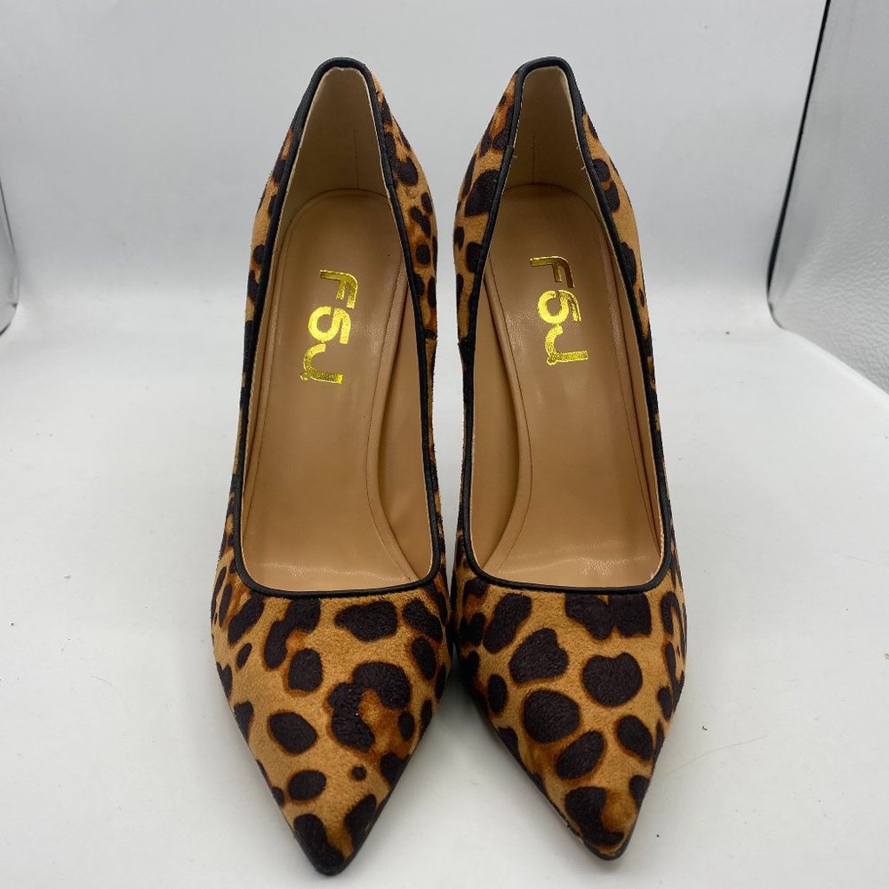 FSJ Leopard Suede Printed Pointy Toe High Heels Pumps Dress Shoes_2